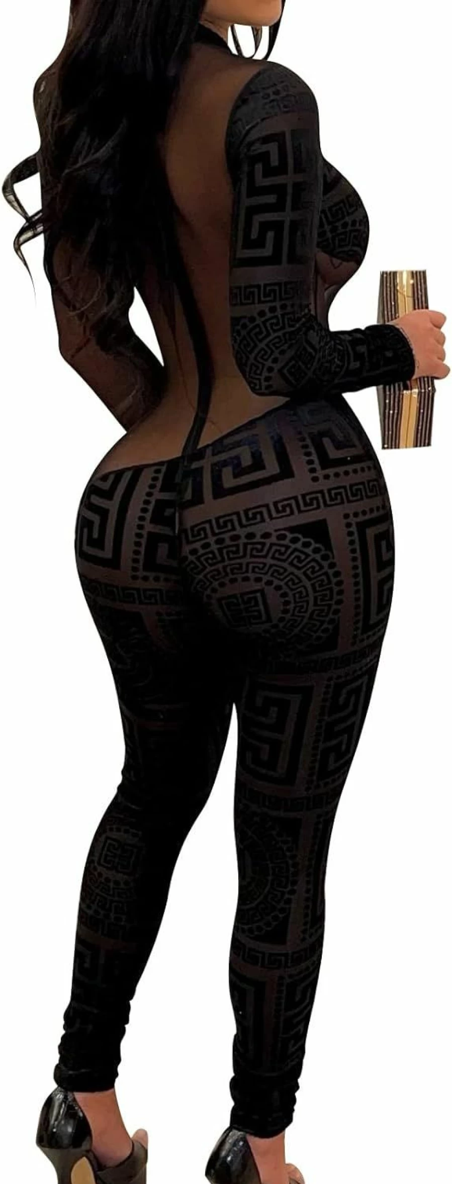 Hibshaby Women's Black Leopard Print Mesh Jumpsuit - Sexy Bodycon Romper for Streetwear & Night Out