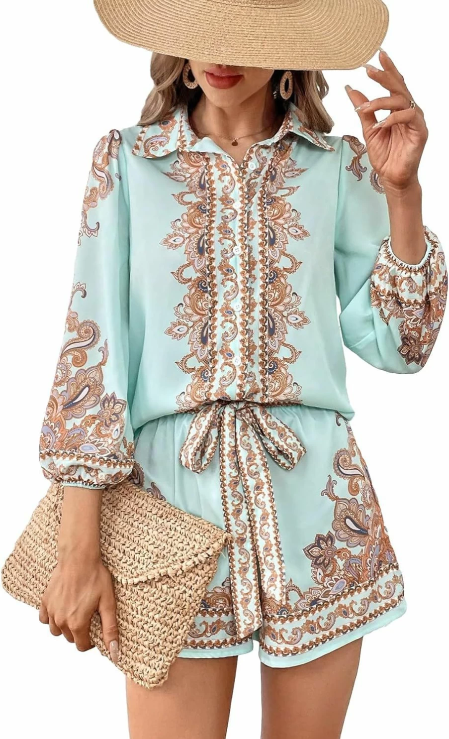 Verdusa Women's Paisley Print Bishop Sleeve Blouse and Shorts 2-Piece Summer Outfit Set