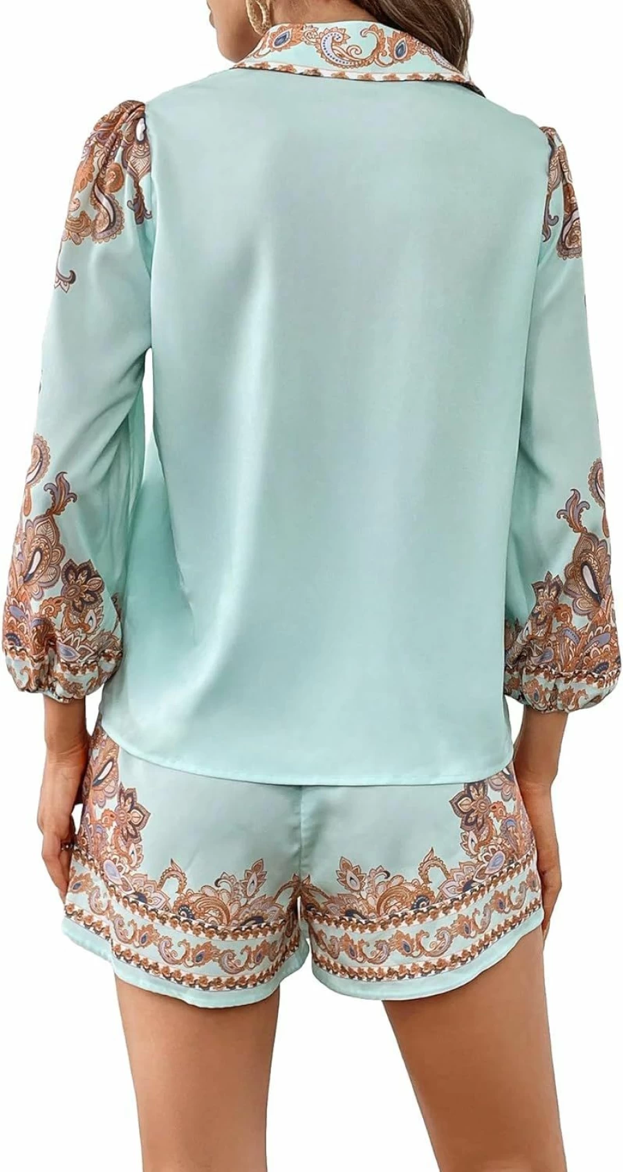 Verdusa Women's Paisley Print Bishop Sleeve Blouse and Shorts 2-Piece Summer Outfit Set