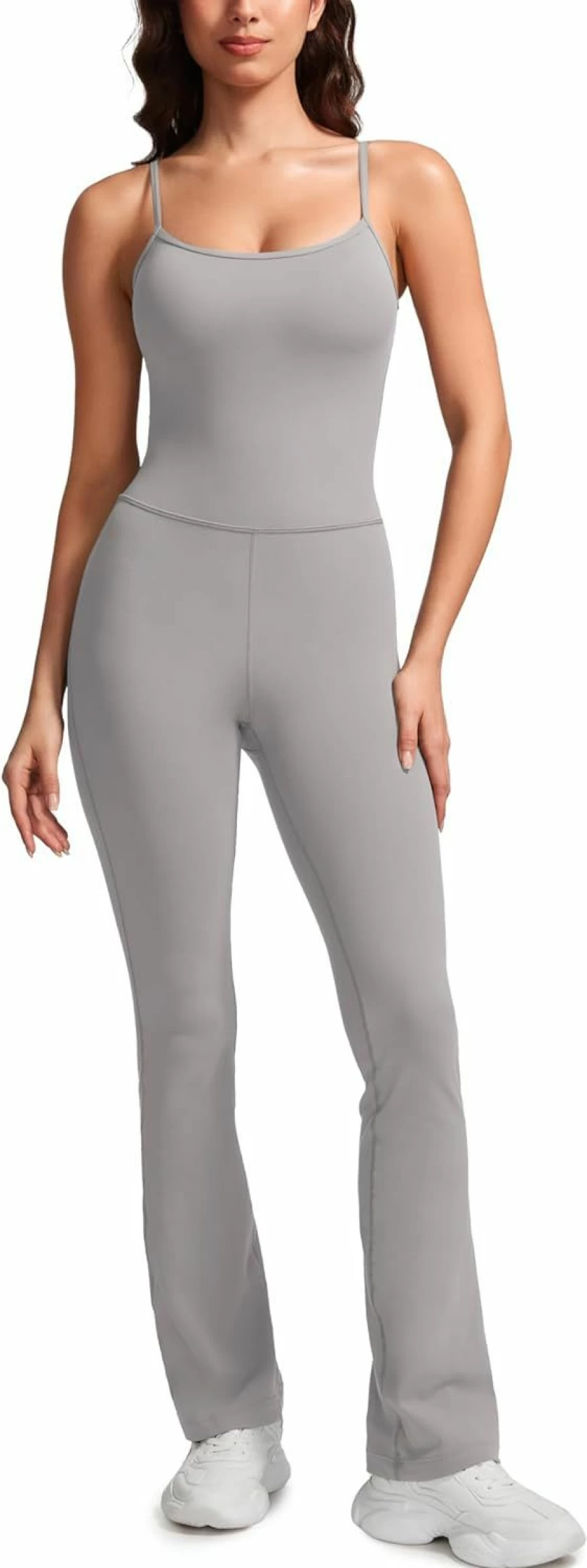 CRZ YOGA Women's Butterluxe Flare Jumpsuit - Workout Bodysuit with Built-In Bra, Spaghetti Strap & Square Neck Athletic Onesie