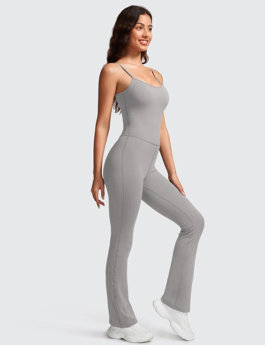CRZ YOGA Women's Butterluxe Flare Jumpsuit - Workout Bodysuit with Built-In Bra, Spaghetti Strap & Square Neck Athletic Onesie
