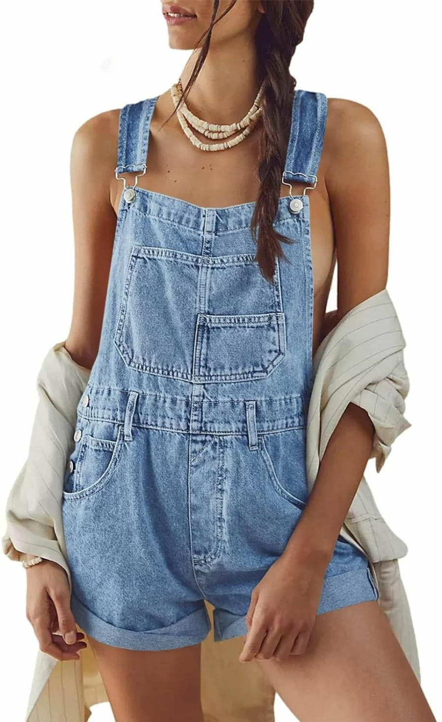 "Doubauen Women's Denim Overalls Shorts - Casual Bib Straps Romper Jumpsuit with Pockets"