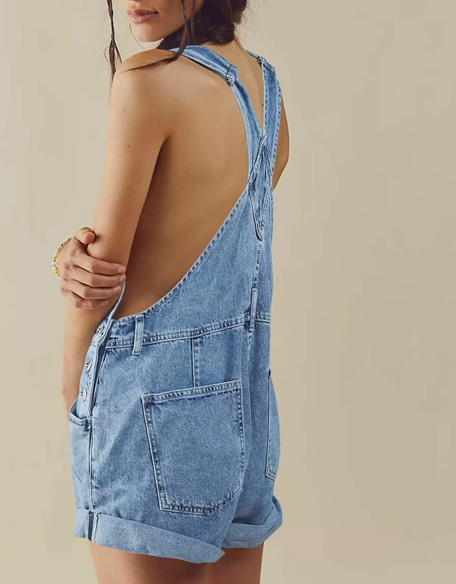 "Doubauen Women's Denim Overalls Shorts - Casual Bib Straps Romper Jumpsuit with Pockets"