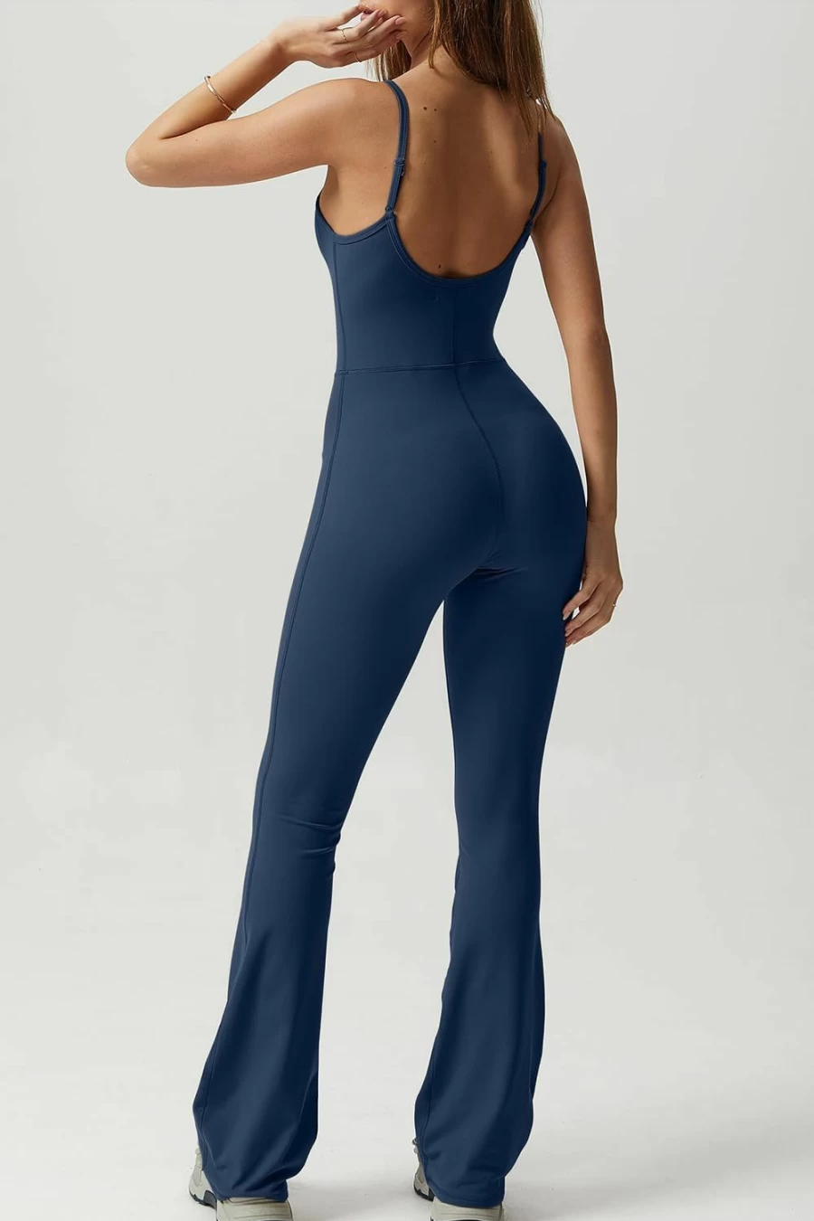 QINSEN Women's Flare Jumpsuit - Spaghetti Strap Scoop Neck Bodycon Unitard Playsuit for Casual Wear