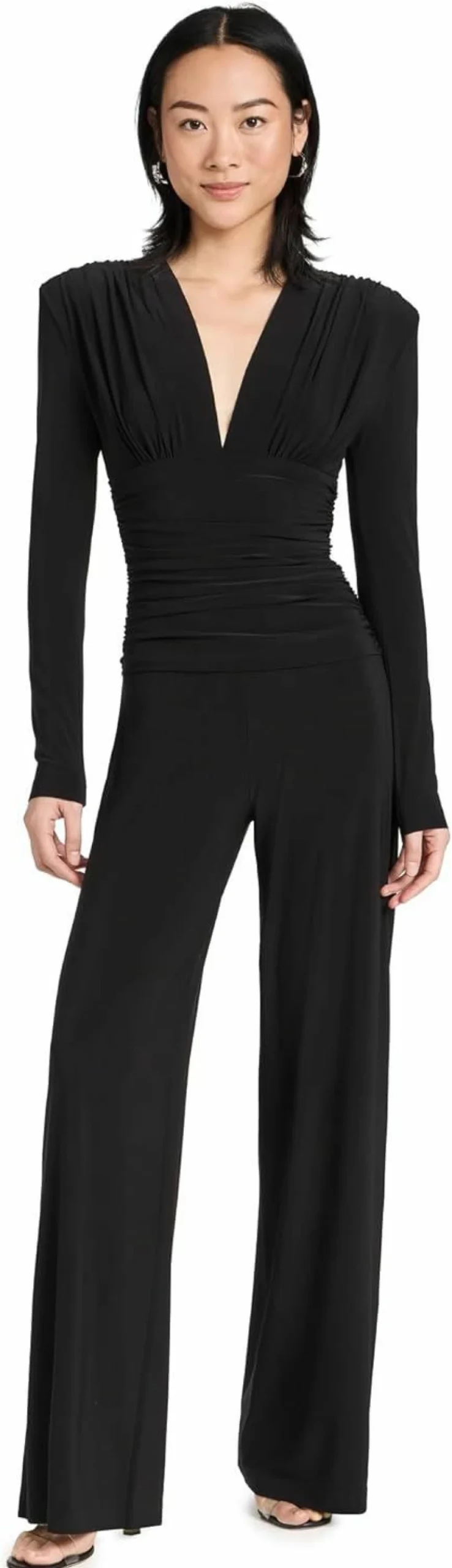 Norma Kamali Women's V-Neck Shirred Waist Jumpsuit - Elegant One-Piece Romper for Women