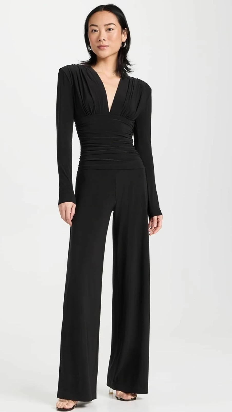 Norma Kamali Women's V-Neck Shirred Waist Jumpsuit - Elegant One-Piece Romper for Women
