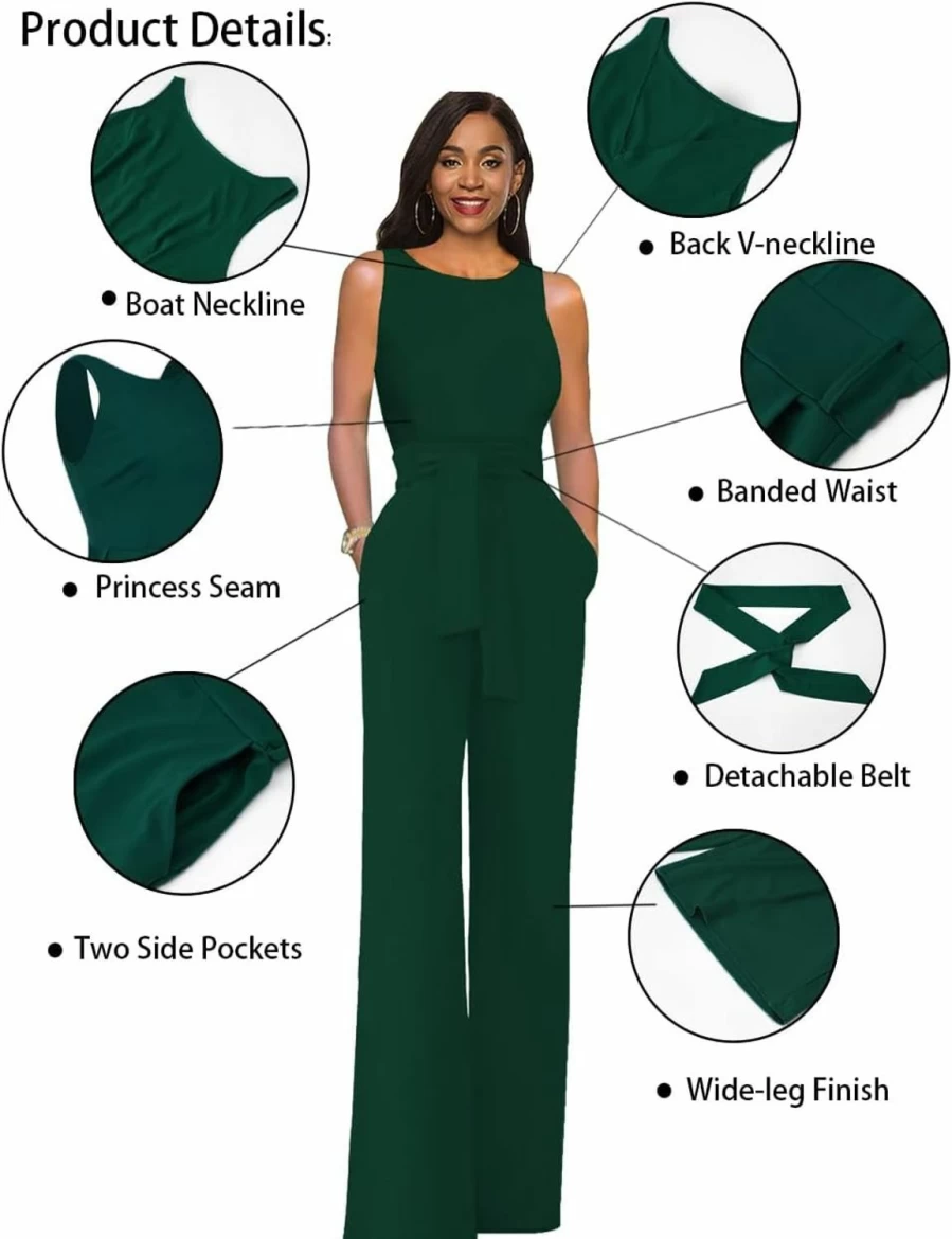LILYIN Women's Sleeveless High Waist Wide Leg Jumpsuit with Belt and Pockets - Summer Casual Romper