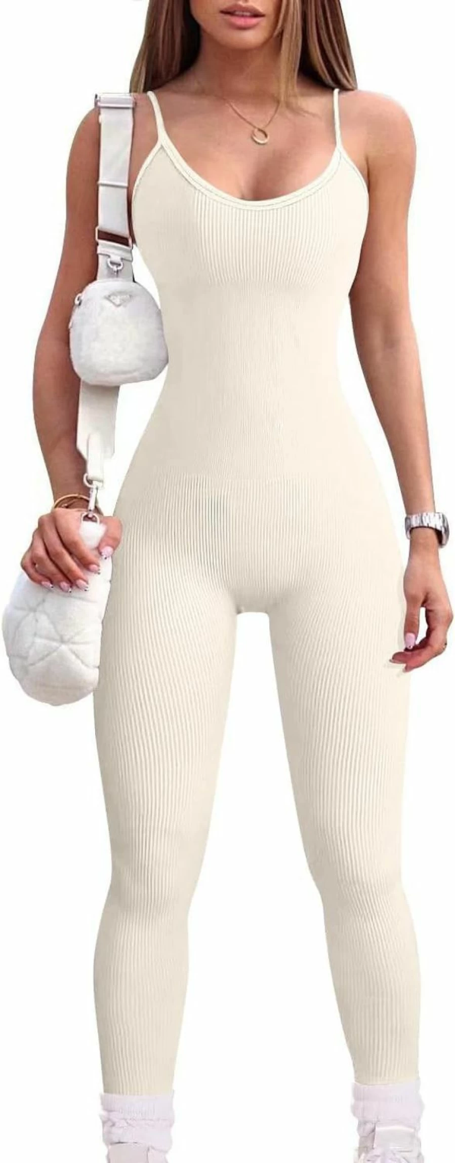 YIOIOIO Women's Seamless Yoga Jumpsuit - Ribbed Bodysuit with Spaghetti Straps for Workout & Gym