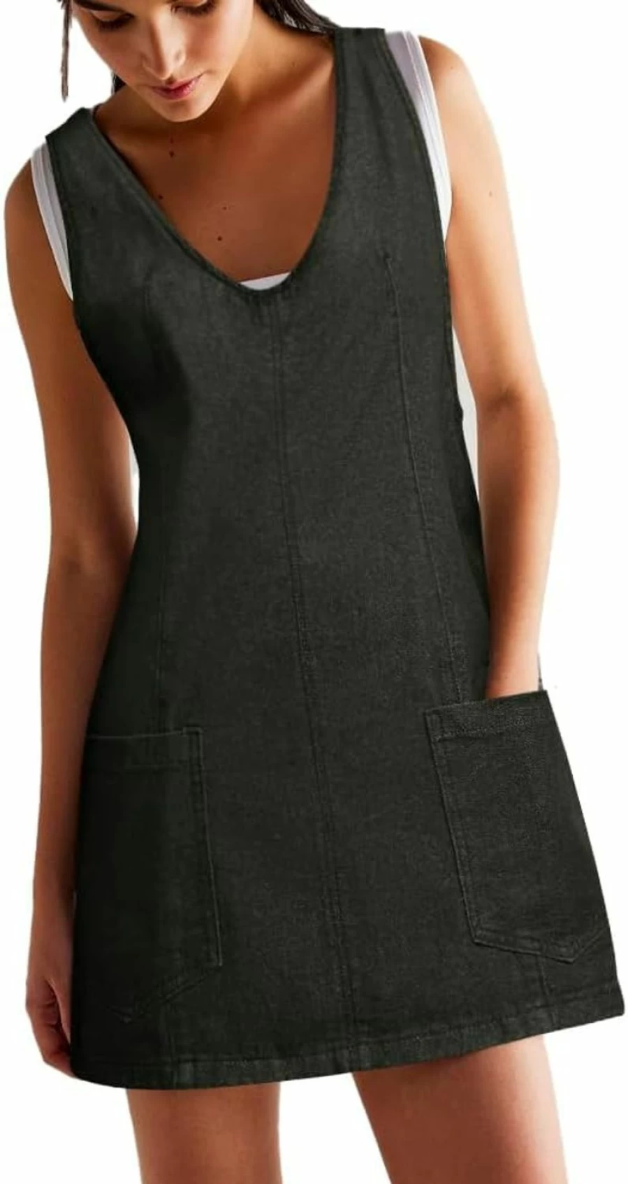 BerryGo Women's Casual Denim Pinafore Dress - V Neck Sleeveless Mini Jumper with Pocket