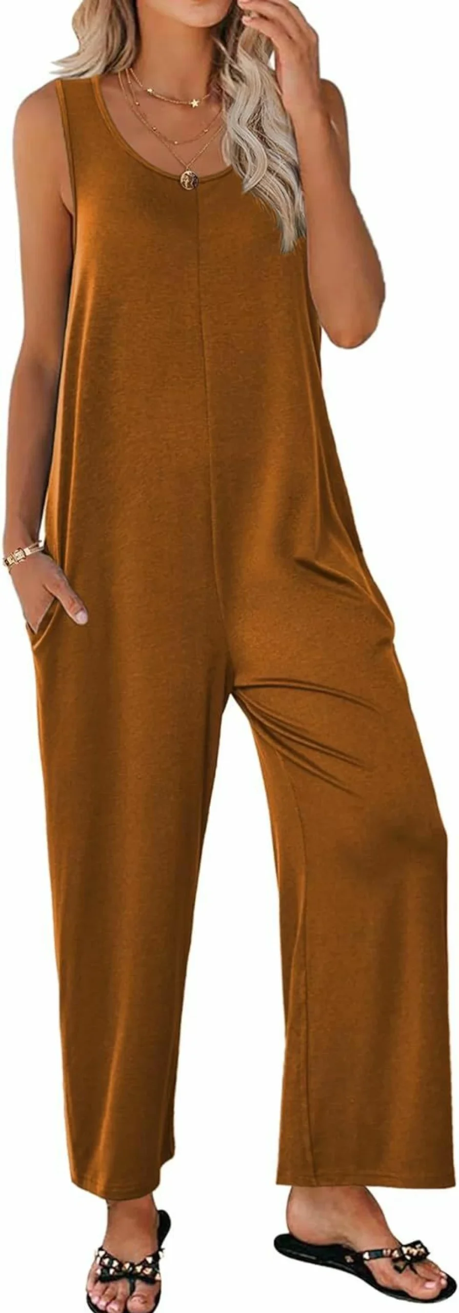 Ekouaer Women's Casual Sleeveless Jumpsuit - Loose Fit Wide Leg Romper with Scoop Neck, Stretchy Fabric and Pockets