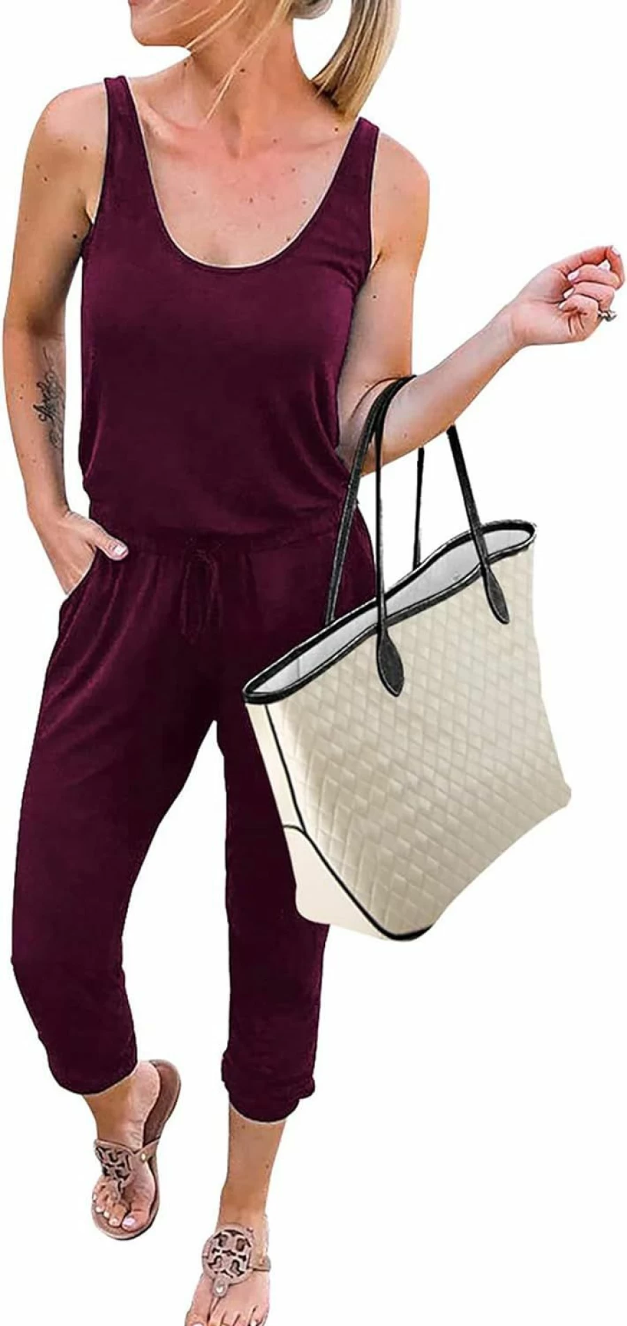 KIRUNDO Women's 2024 Summer Sleeveless Jumpsuit - Casual Romper with Elastic Waist, Drawstring & Pockets