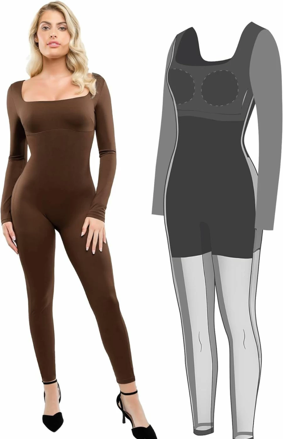 Popilush Women's Shapewear Jumpsuit - Long Sleeve Tummy Control Bodysuit with Square Neck & Built-In Support for Sports & Everyday Wear