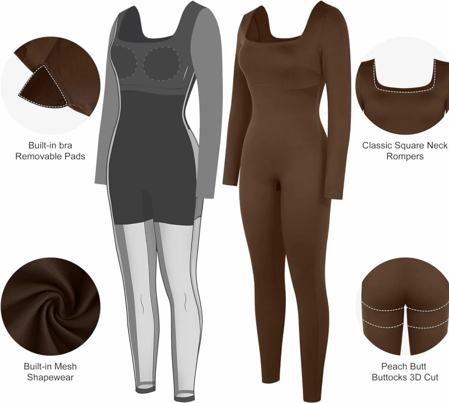 Popilush Women's Shapewear Jumpsuit - Long Sleeve Tummy Control Bodysuit with Square Neck & Built-In Support for Sports & Everyday Wear