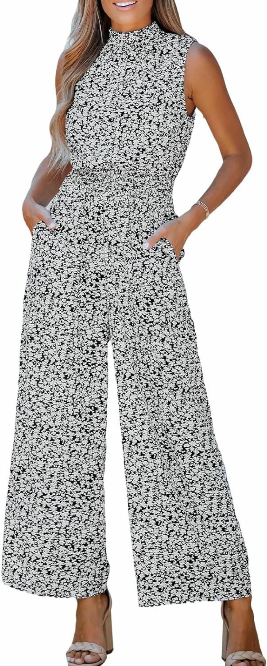 CUPSHE Women's Floral Print Sleeveless Mock Neck Maxi Jumpsuit Romper Straight Leg Summer Beach Outfit