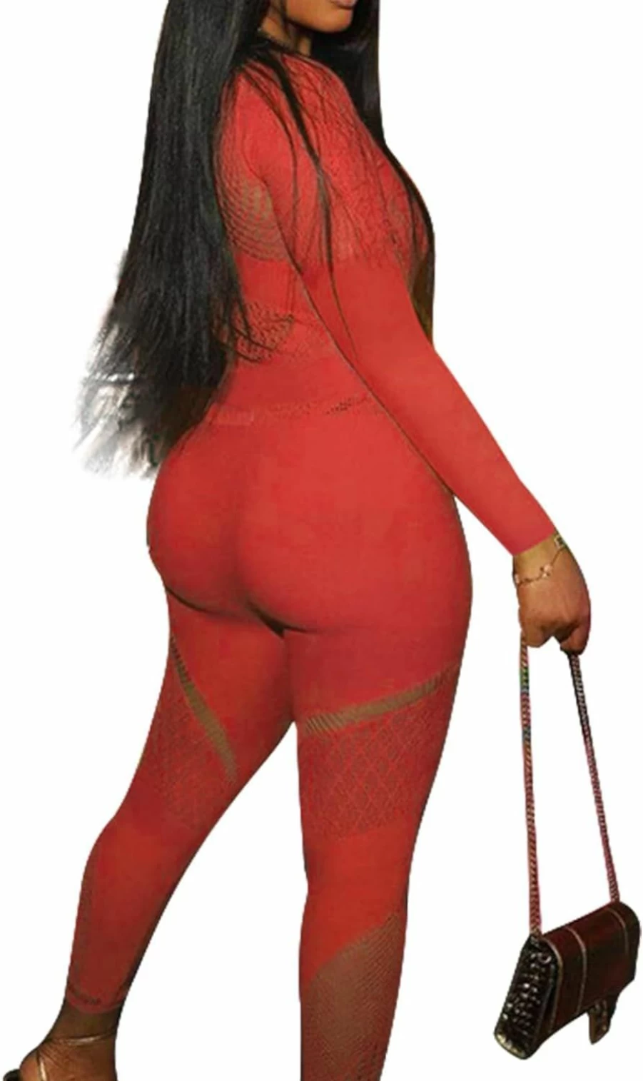 WEICHUJIAN Women's Sexy Mesh Romper - Long Sleeve Hollow Out Jumpsuit with Crop Top & See Through Design for Bodycon Outfits