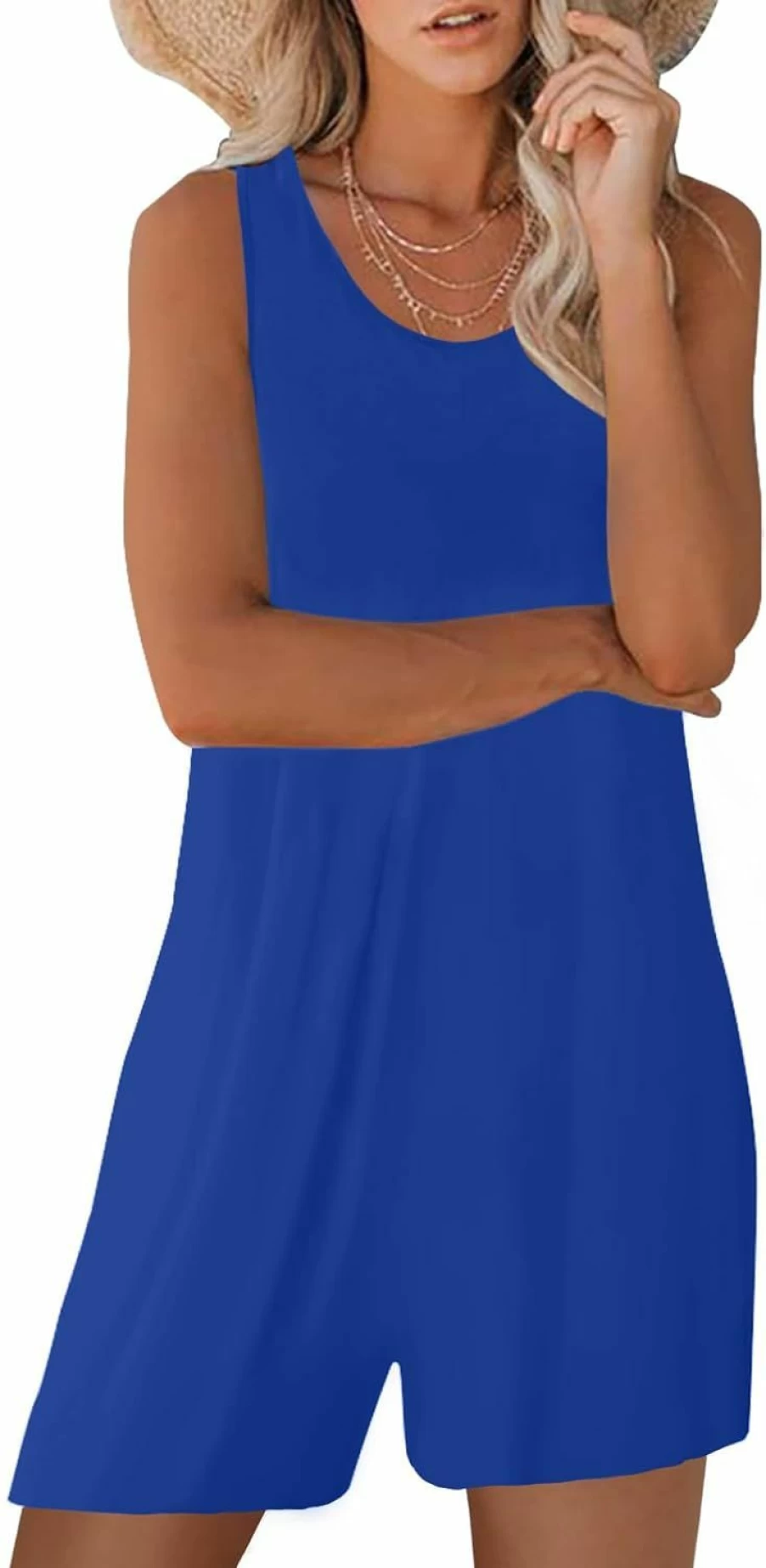 Nfsion Women's Summer Sleeveless Romper Jumpsuit with Pockets - Casual Wide Leg Loose Shorts Tank Crewneck Outfit