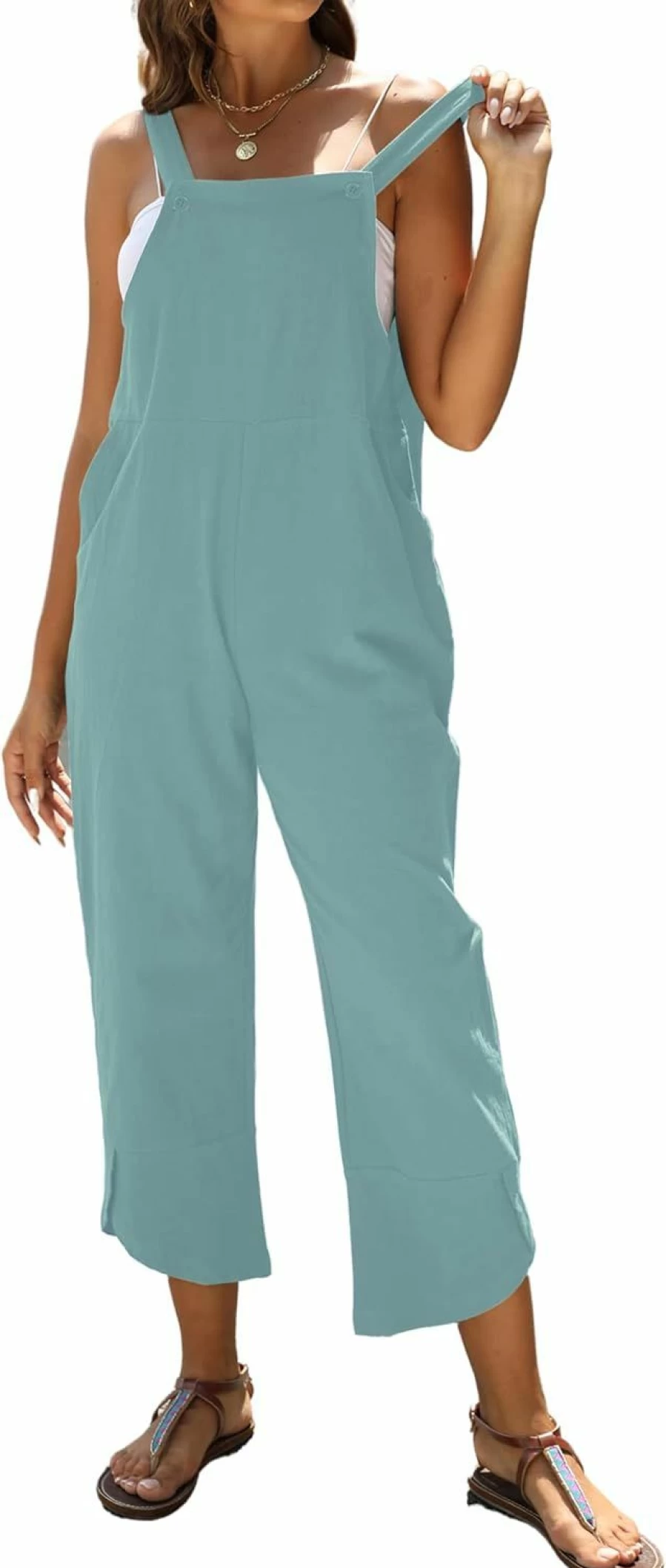 Omoone Women's Casual Sleeveless Jumpsuit - Summer Cotton Romper with Pockets & Straps