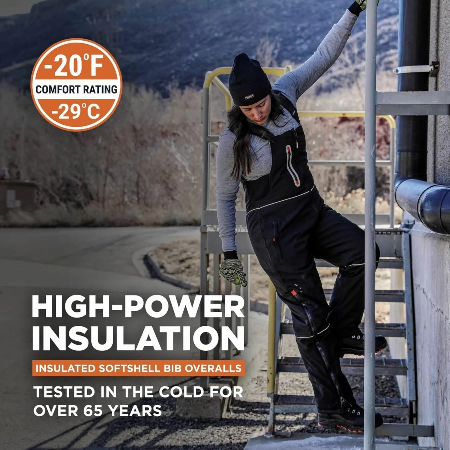 RefrigiWear Women's Insulated Softshell Bib Overalls -20°F Cold Weather Workwear, Water-Resistant & Windproof Winter Overalls for Women