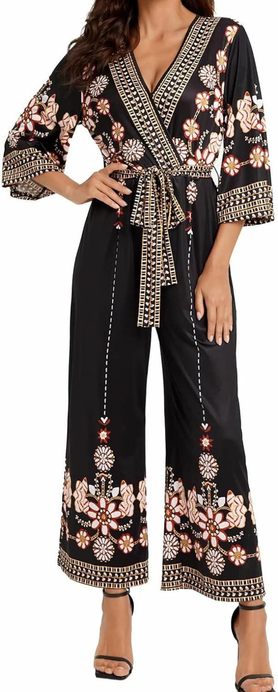 Verdusa Women's Boho Floral Wrap Jumpsuit with High Waist Belt and Wide Leg Culotte Pants