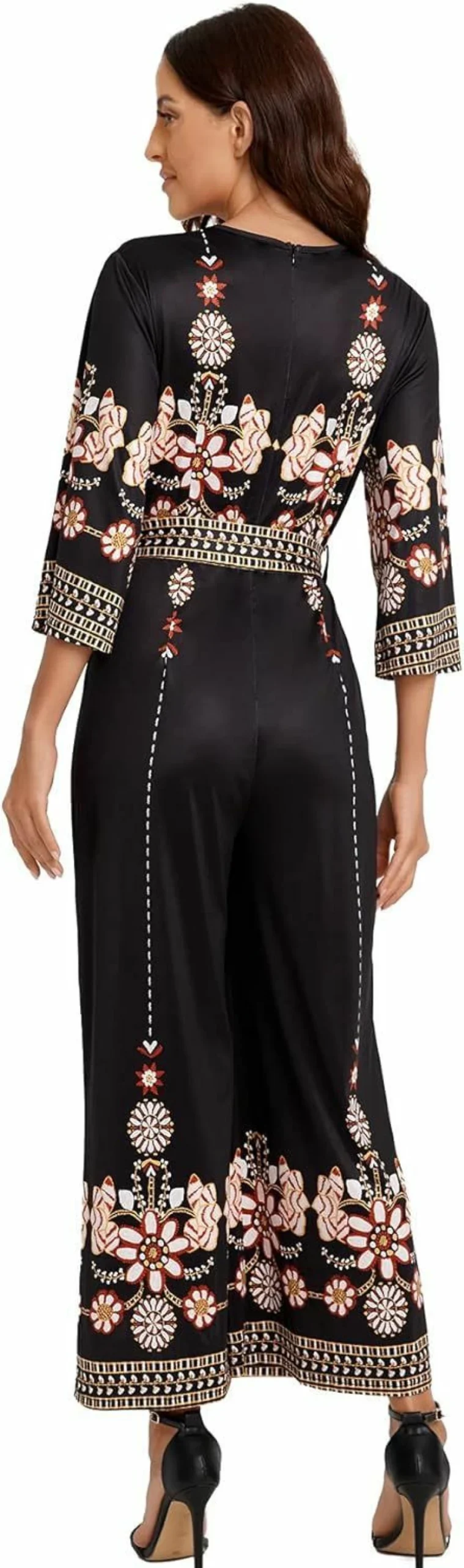 Verdusa Women's Boho Floral Wrap Jumpsuit with High Waist Belt and Wide Leg Culotte Pants