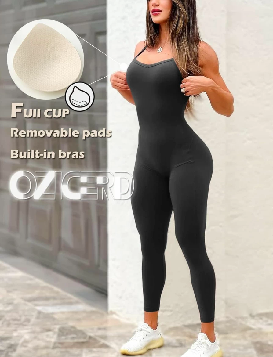 OZICERD Women's Backless Yoga Jumpsuit with Built-In Bra - Workout Romper Shorts Gym Bodysuit One Piece Activewear