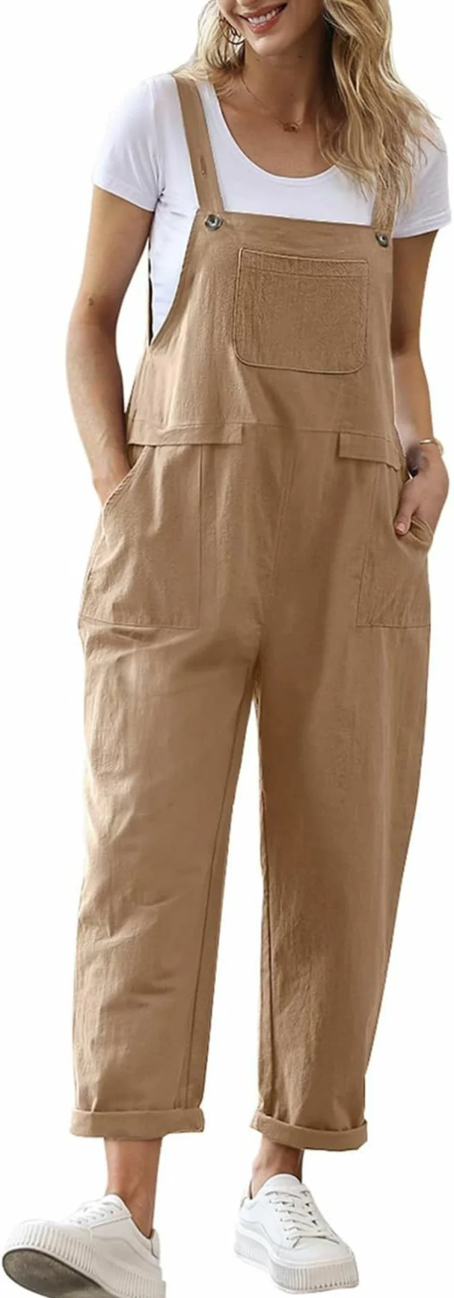 YESNO Women's Casual Loose Fit Bib Overalls - Baggy Romper Jumpsuit with Pockets (Style PV9)
