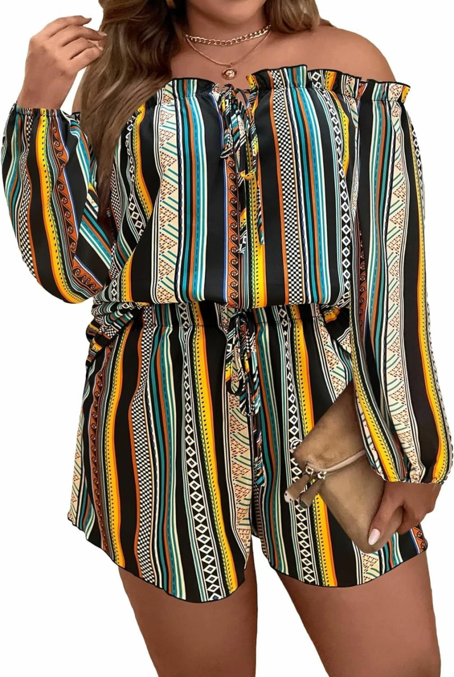 Floerns Plus Size Boho Floral Off-Shoulder Crop Top & Shorts Set Women's Summer Outfit 2-Piece