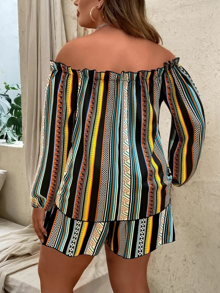 Floerns Plus Size Boho Floral Off-Shoulder Crop Top & Shorts Set Women's Summer Outfit 2-Piece