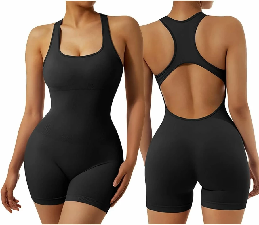 OMKAGI Women's Seamless Yoga Romper - Racerback Bodysuit with Tummy Control for Workouts & Lounge