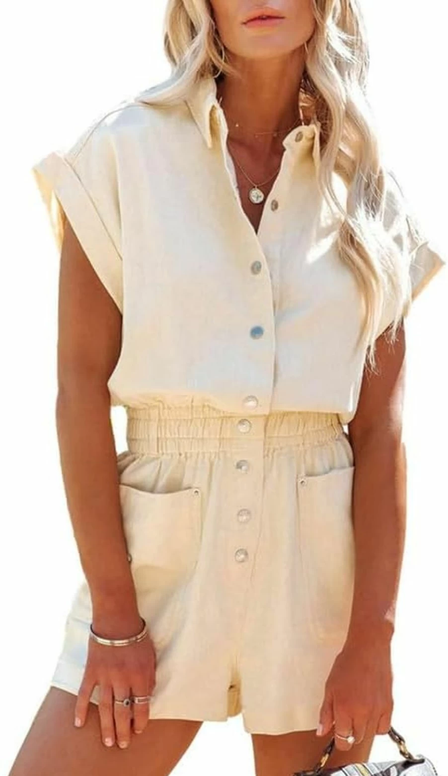 Dokotoo Women's Summer Utility Cargo Jumpsuit with Button-Down Short Sleeves and Pockets
