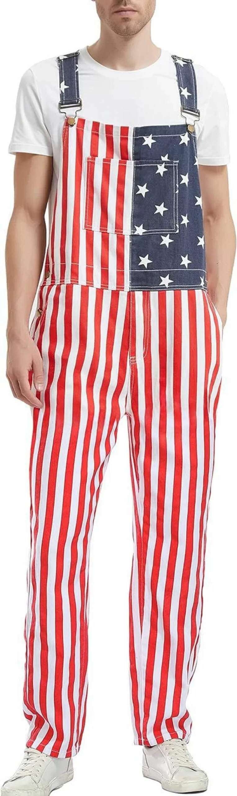 YXLUOKY Men's Patriotic Denim Overalls - Adjustable Zipper Romper Jumpsuit for 4th of July & USA Celebrations