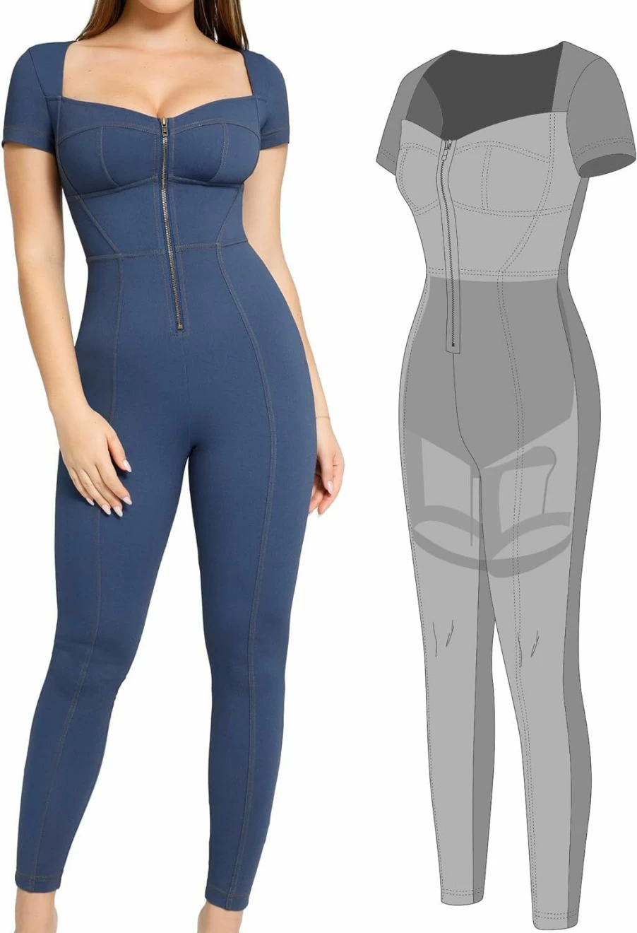 Popilush Women's Tummy Control Shapewear Jumpsuit - Faux Denim Bodysuit for Slimming & Sculpting