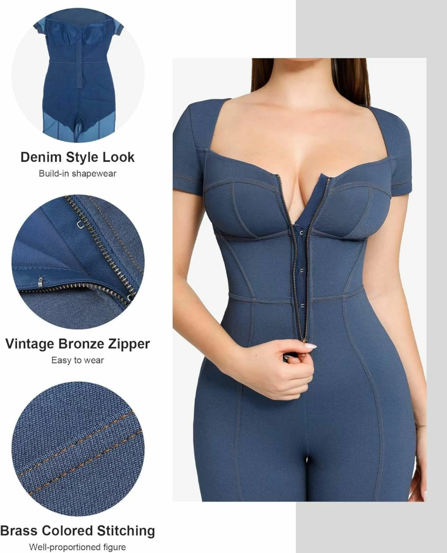 Popilush Women's Tummy Control Shapewear Jumpsuit - Faux Denim Bodysuit for Slimming & Sculpting