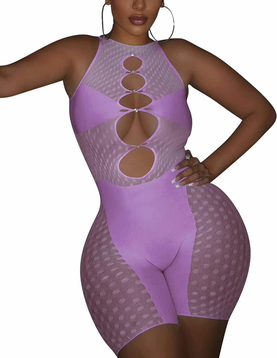 GPINE Women's Glitter Rhinestone Seamless Bodycon Romper - Sleeveless Mesh Shorts Jumpsuit, Super Stretch Free Size