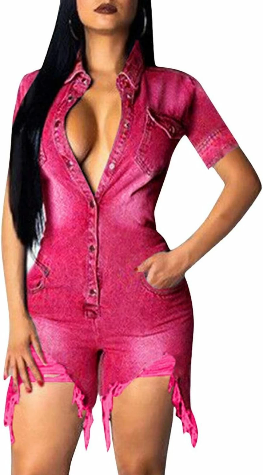ECDAHICC Women's Stretchy Denim Jumpsuit Romper with Pocket - Sexy Short Sleeve Mini Shorts One Piece for Night Club
