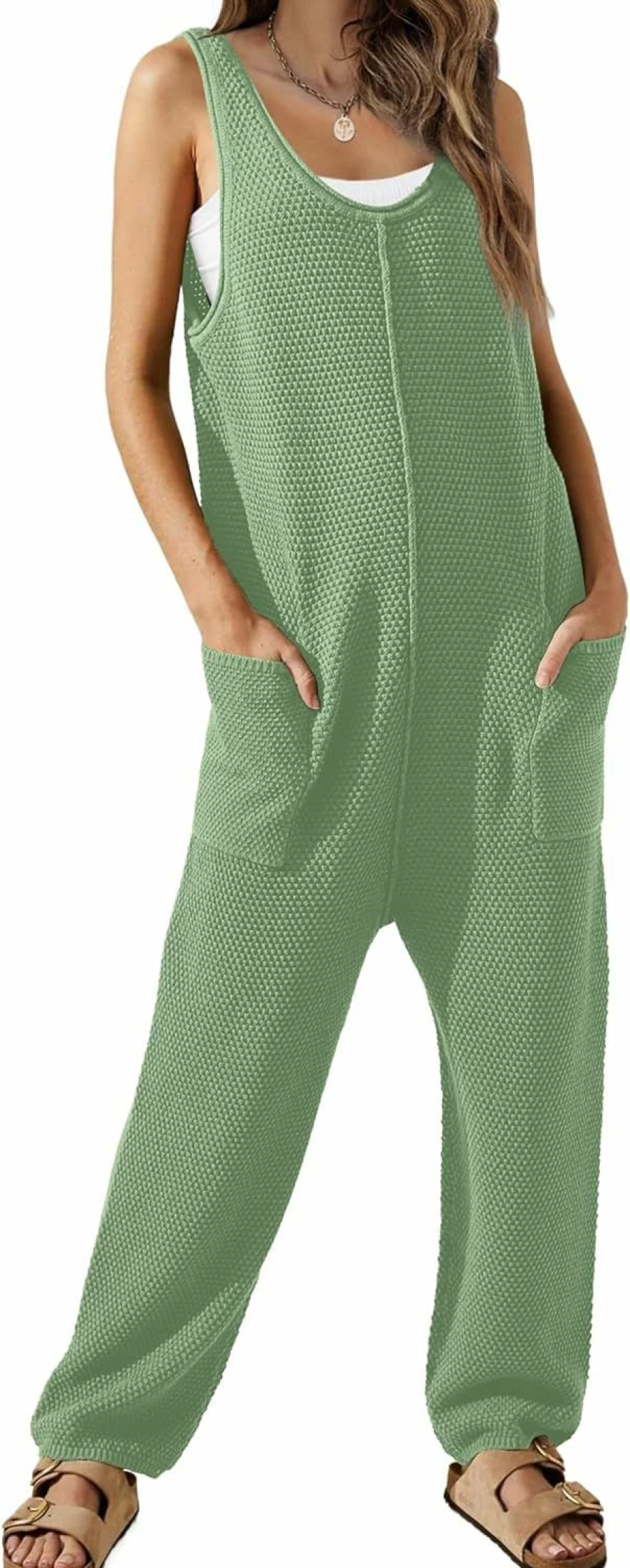 WIHOLL Women's Sleeveless V-Neck Romper Jumpsuit with Pockets, Loose Fit Knit Overalls for Spring Summer Fall