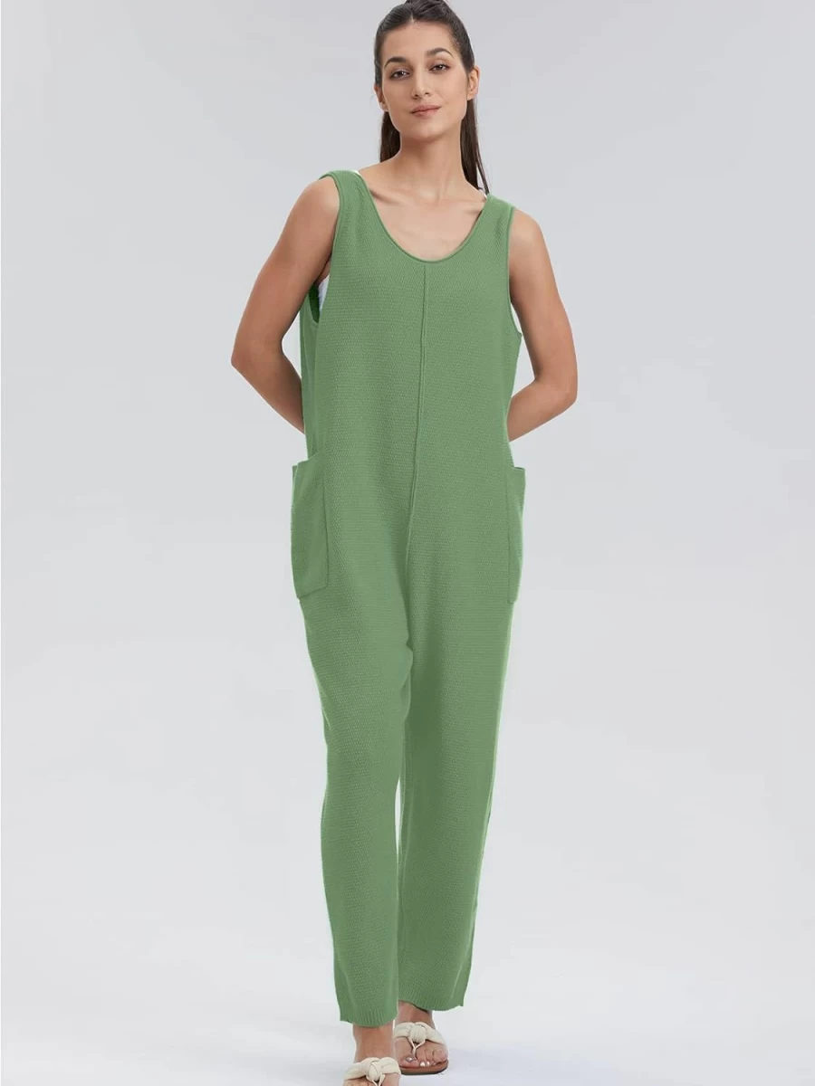 WIHOLL Women's Sleeveless V-Neck Romper Jumpsuit with Pockets, Loose Fit Knit Overalls for Spring Summer Fall