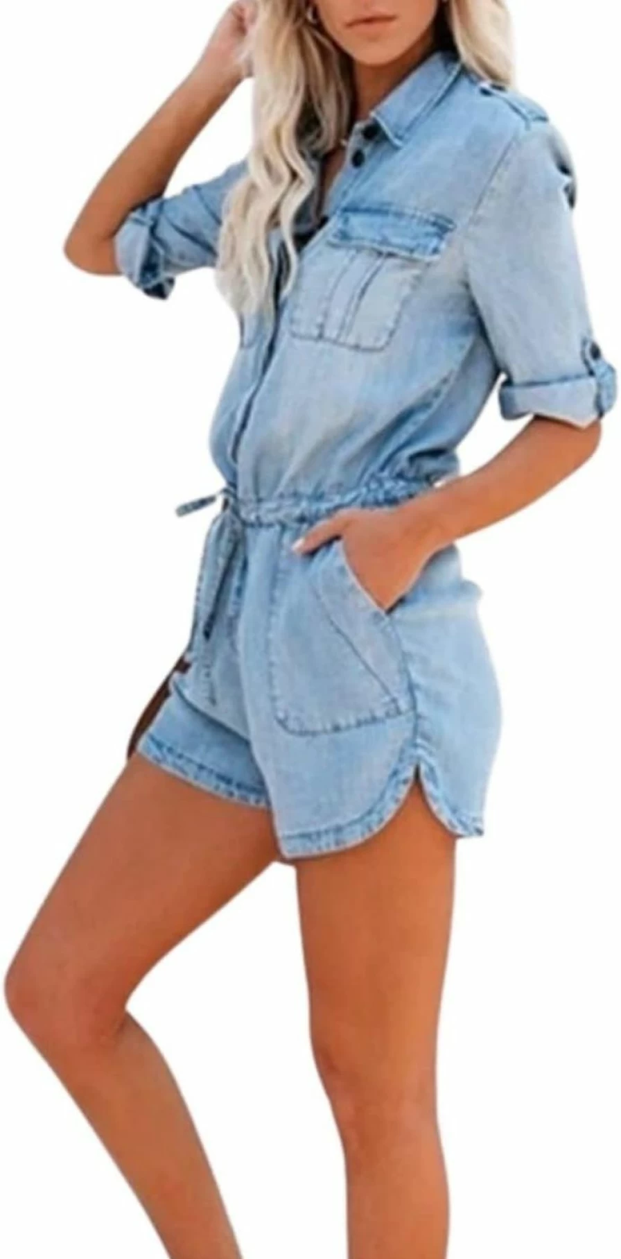 Kwoki Fashion Women's Denim Romper - Casual Button-Up Jean Jumpsuit with Roll-Up Sleeves