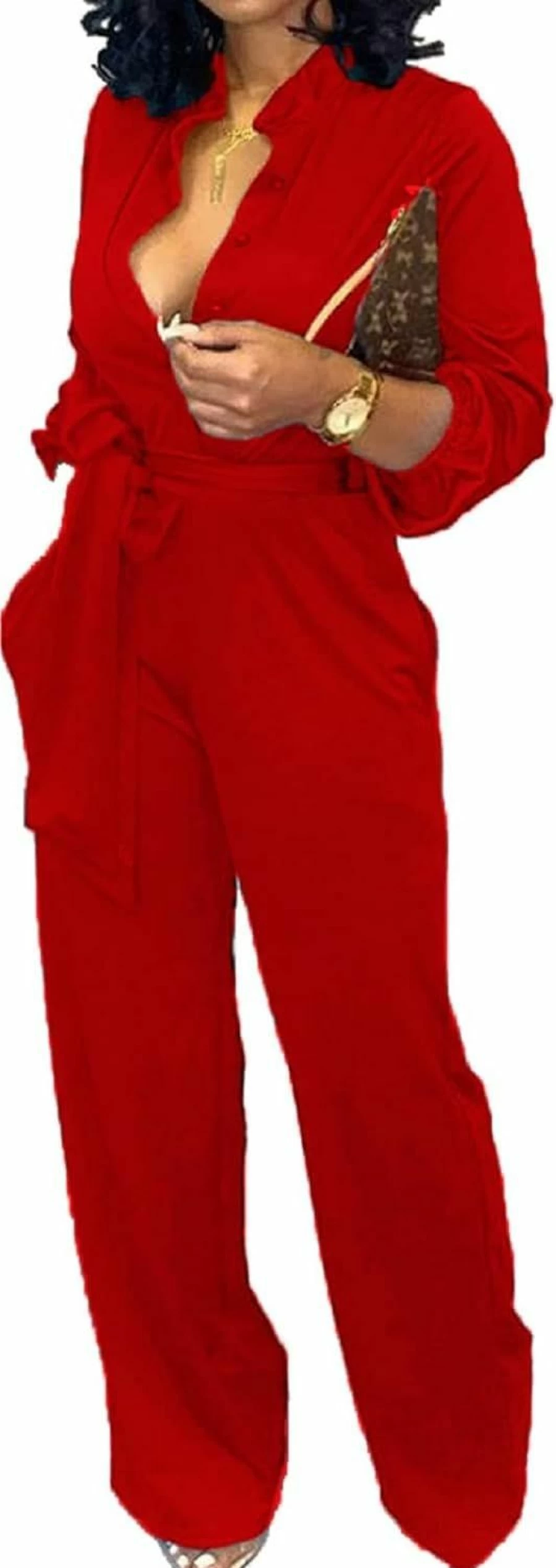 Yiershu Women's Elegant V-Neck Long Sleeve Romper with Belt & Pockets - Business Casual Jumpsuit for Women