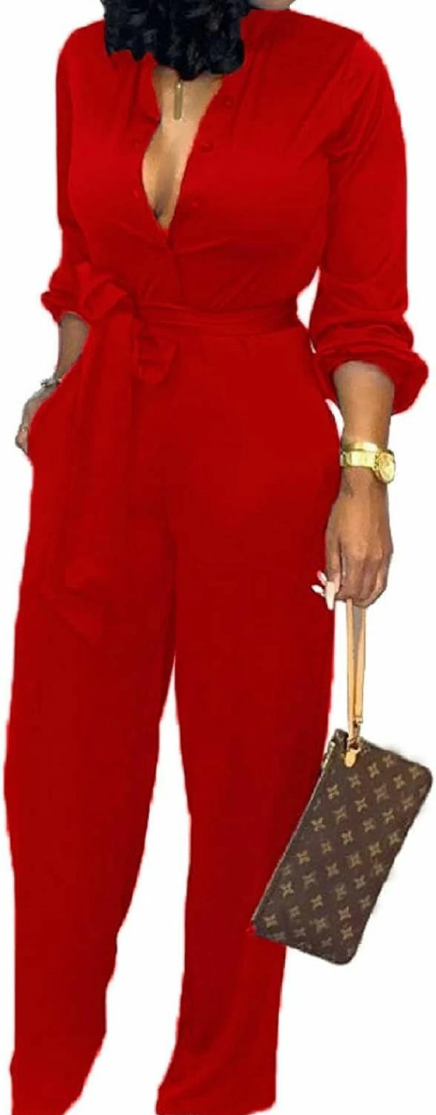 Yiershu Women's Elegant V-Neck Long Sleeve Romper with Belt & Pockets - Business Casual Jumpsuit for Women