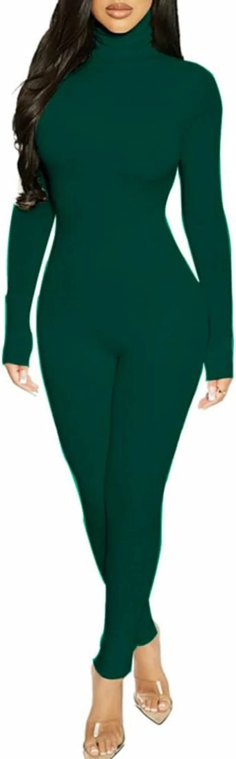 Azhong Women's Sexy Long Sleeve Turtleneck Jumpsuit - Bodycon Romper with Back Zipper, High Waist One Piece for Casual & Club Wear