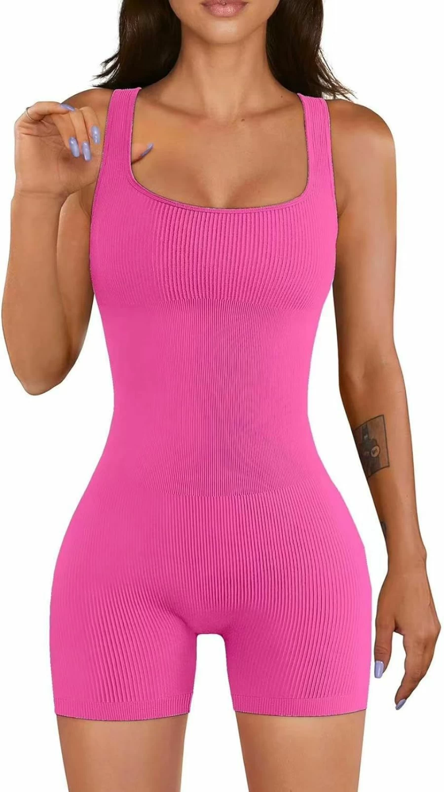 YIOIOIO Women's Seamless Yoga Jumpsuit - Ribbed Workout Romper with Square Neck Tank Top for Fitness & Lounge