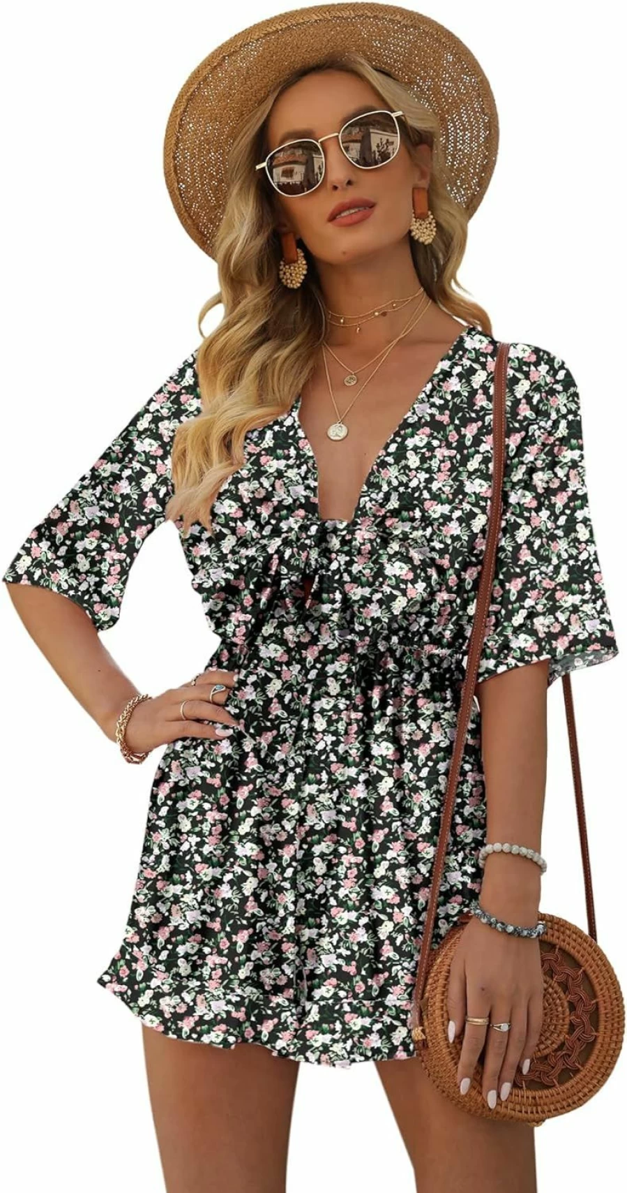 AIMCOO Women's Floral Print Tie-Front Romper with V-Neck, Ruffle Hem & Elastic Waist - Sexy Summer Jumpsuit