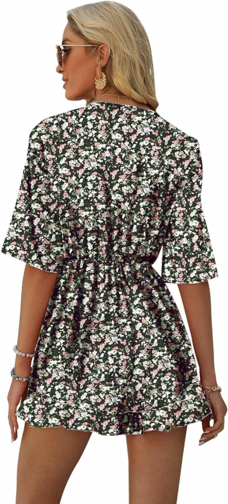 AIMCOO Women's Floral Print Tie-Front Romper with V-Neck, Ruffle Hem & Elastic Waist - Sexy Summer Jumpsuit