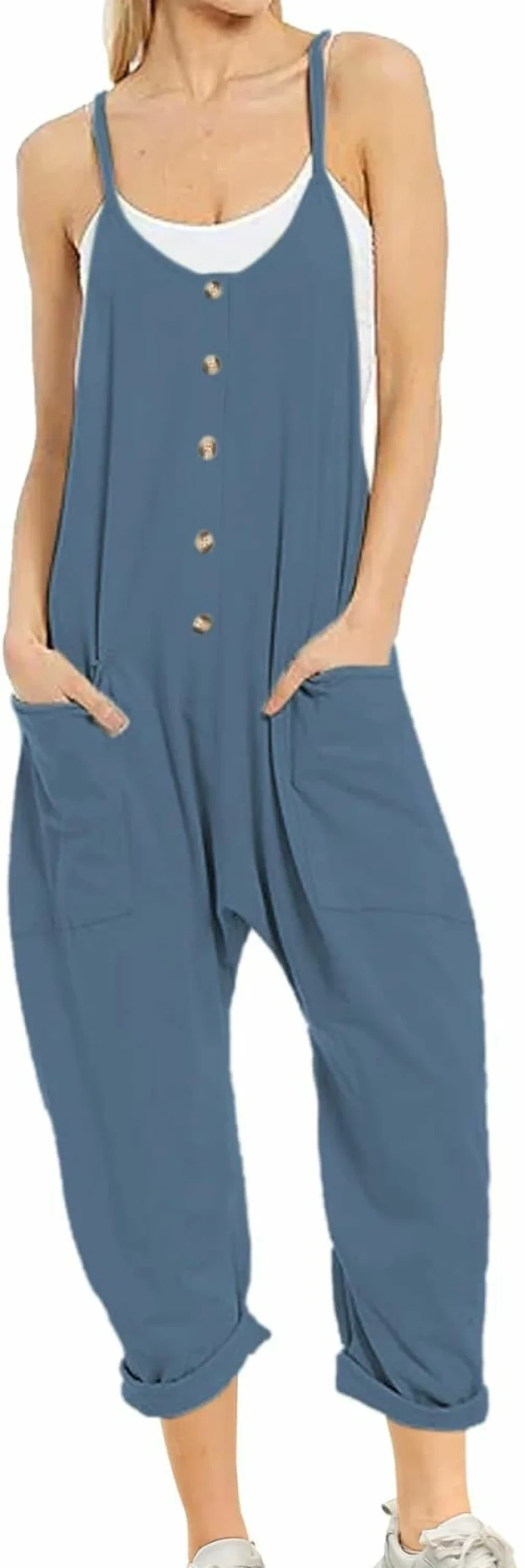 Ainangua Women's Sleeveless Jumpsuit with Adjustable Straps, Long Harem Romper with Pockets - Casual Summer Overalls