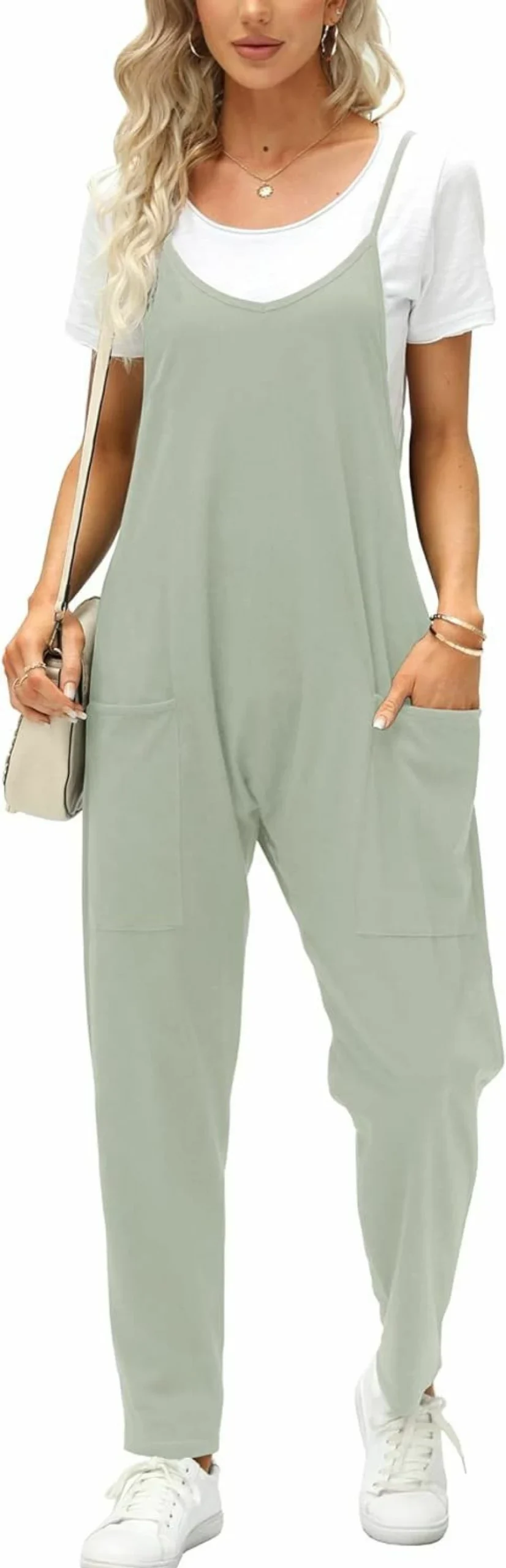 Fisoew Women's Casual Summer Jumpsuit - Sleeveless V-Neck Romper with Spaghetti Straps, Loose Fit Long Pants Overalls & Pockets