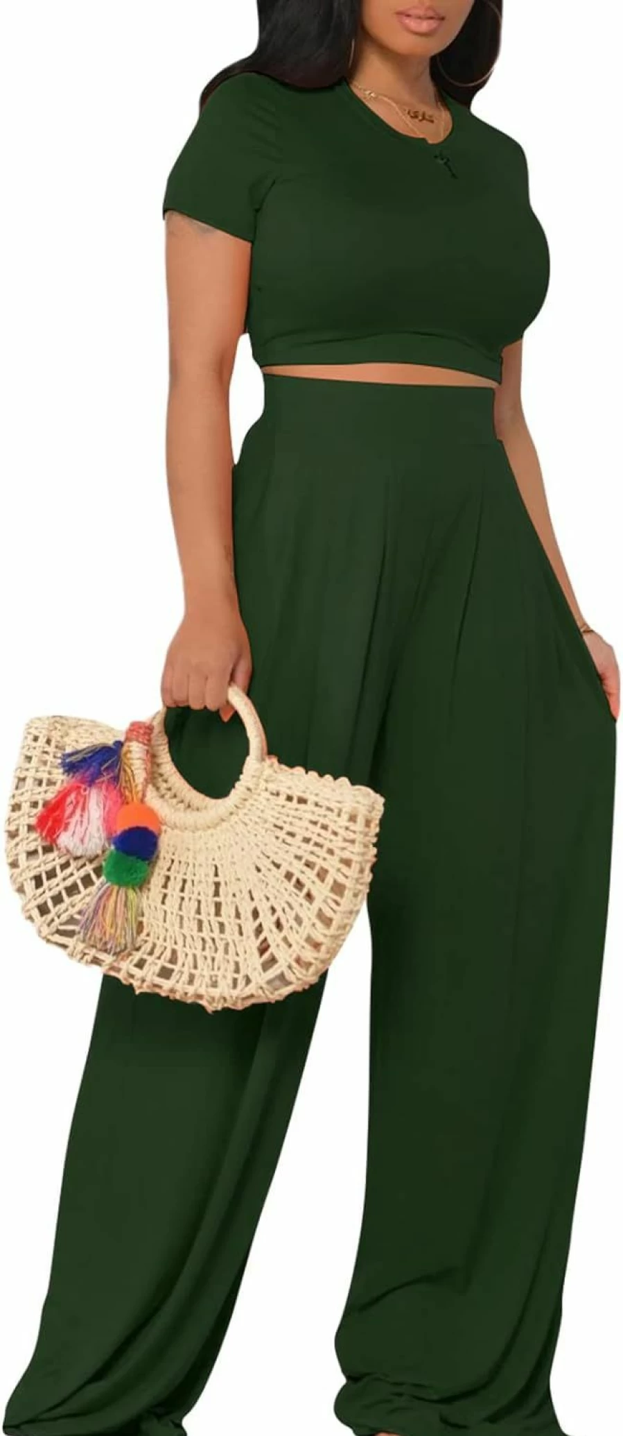 "TodTan Women's Summer 2-Piece Outfit - Stylish Crop Top & Wide Leg Pants Casual Jumpsuit Set"