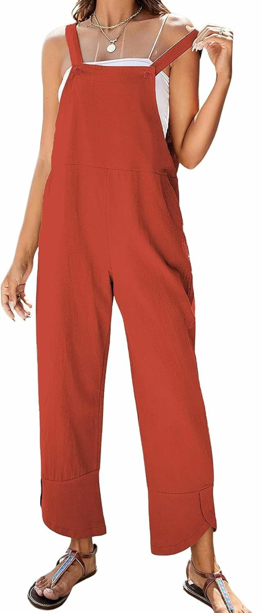APAFES Women's Summer Linen Jumpsuit - Sleeveless Bib Overalls with Pockets, Tulip Hem & Loose Fit Capri Style