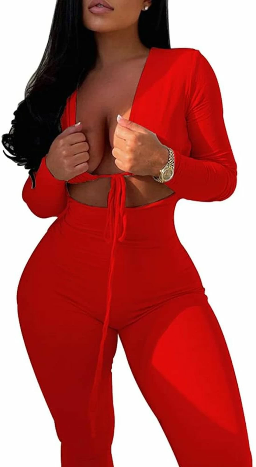 Azhong Women's Sexy Lace-Up V-Neck Long Sleeve Jumpsuit - Bodycon Cut Out Romper One Piece Outfit