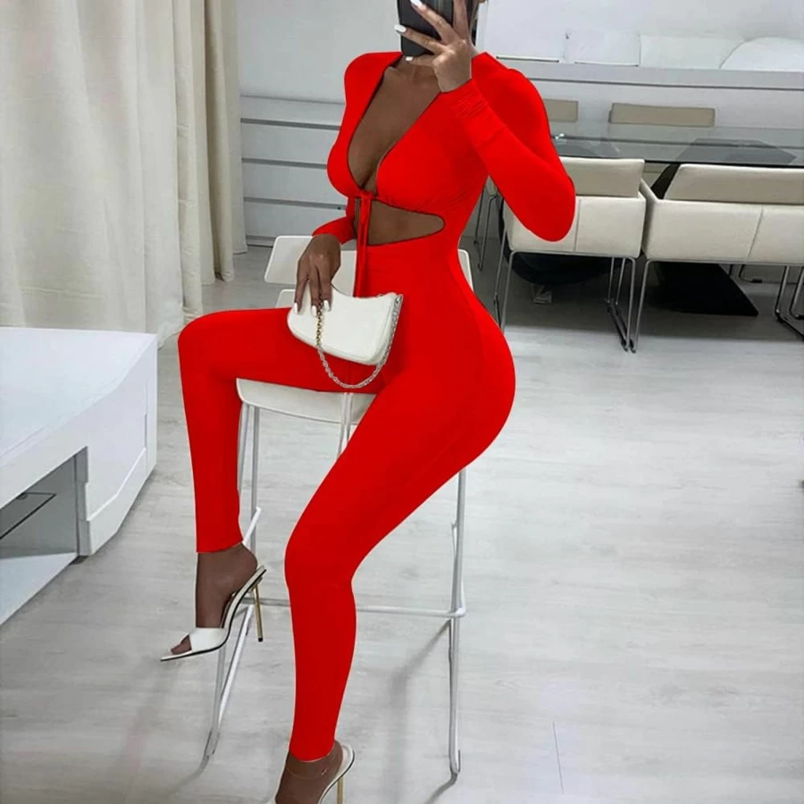 Azhong Women's Sexy Lace-Up V-Neck Long Sleeve Jumpsuit - Bodycon Cut Out Romper One Piece Outfit